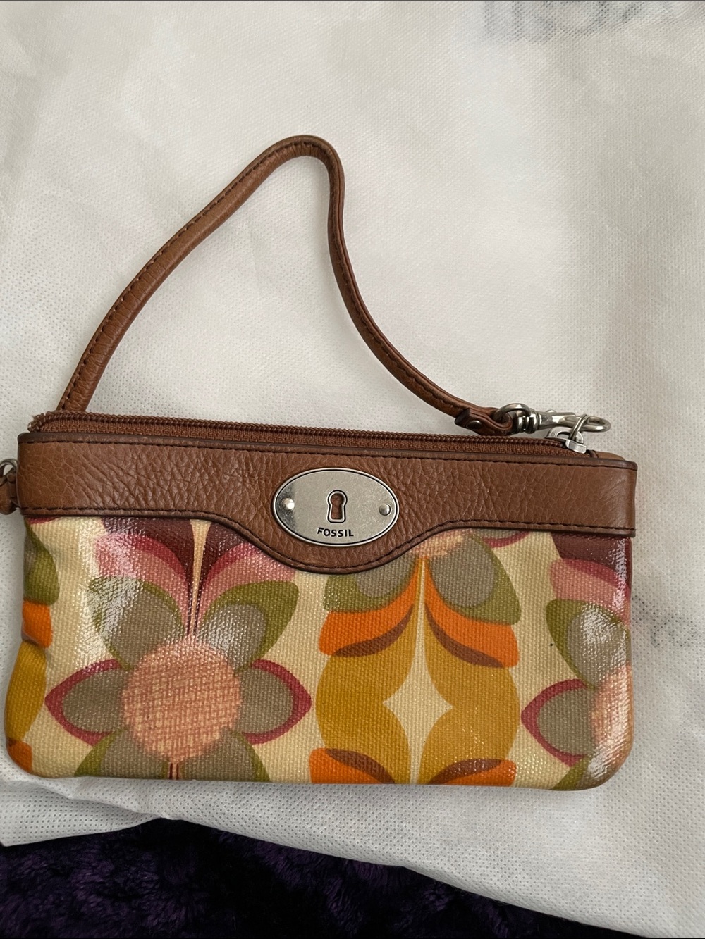 Fossil Brown Leather-Trim Floral Wristlet - Retro Orange, Green, Pink GUC